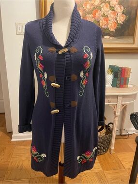 Hanna Andersson Navy Embroidered Floral Toggle Sweater Coat Cardigan